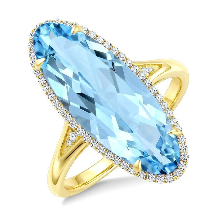 22X8 MM Evoque Gemstones Oval Shape Blue Topaz and 1/5 Ctw Round Cut Diamond Semi-Precious Ring in 14K Yellow Gold