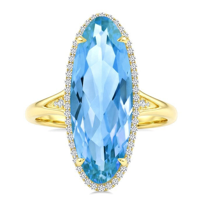 22X8 MM Evoque Gemstones Oval Shape Blue Topaz and 1/5 Ctw Round Cut Diamond Semi-Precious Ring in 14K Yellow Gold