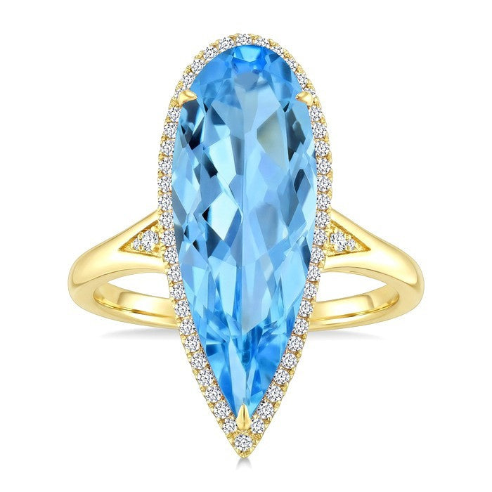 22X8 MM Evoque Gemstones Pear Shape Blue Topaz and 1/5 Ctw Round Cut Diamond Semi-Precious Ring in 14K Yellow Gold