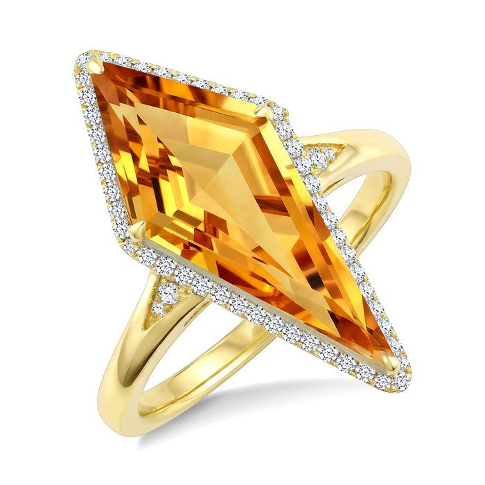 22X9 MM Evoque Gemstone Kite Shape Citrine and 1/5 Ctw Round Cut Diamond Semi-Precious Ring in 14K Yellow Gold