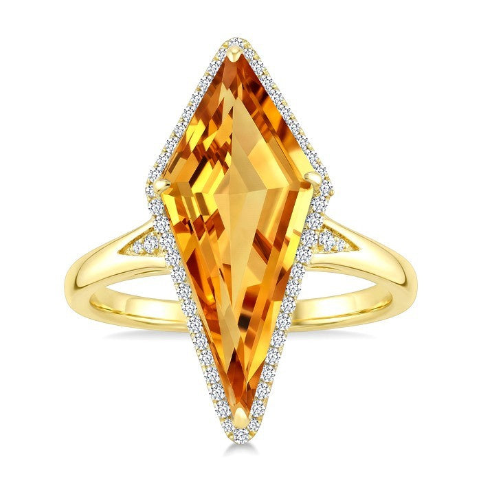 22X9 MM Evoque Gemstone Kite Shape Citrine and 1/5 Ctw Round Cut Diamond Semi-Precious Ring in 14K Yellow Gold