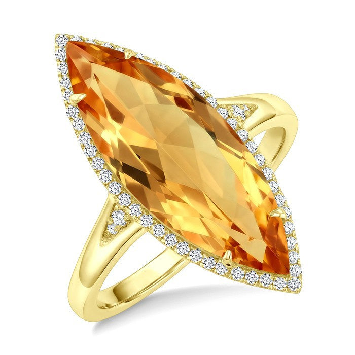22X8 MM Evoque Gemstone Marquise Shape Citrine and 1/5 Ctw Round Cut Diamond Semi-Precious Ring in 14K Yellow Gold