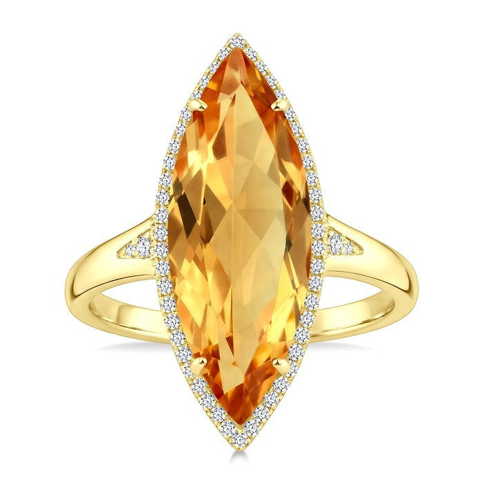 22X8 MM Evoque Gemstone Marquise Shape Citrine and 1/5 Ctw Round Cut Diamond Semi-Precious Ring in 14K Yellow Gold