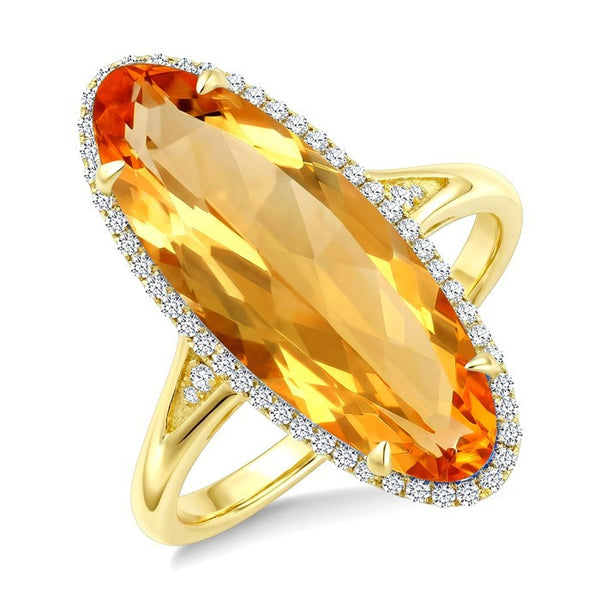 22X8 MM Evoque Gemstone Oval Shape Citrine and 1/5 Ctw Round Cut Diamond Semi-Precious Ring in 14K Yellow Gold
