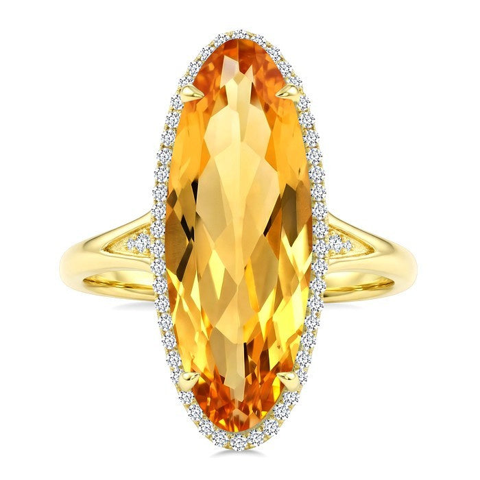 22X8 MM Evoque Gemstone Oval Shape Citrine and 1/5 Ctw Round Cut Diamond Semi-Precious Ring in 14K Yellow Gold