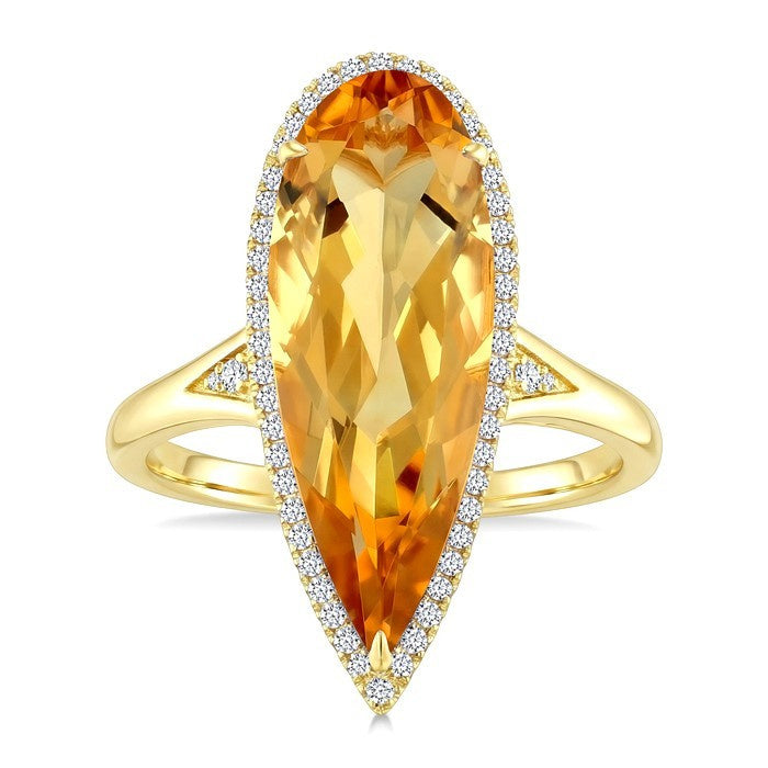 22X8 MM Evoque Gemstone Pear Shape Citrine and 1/5 Ctw Round Cut Diamond Semi-Precious Ring in 14K Yellow Gold