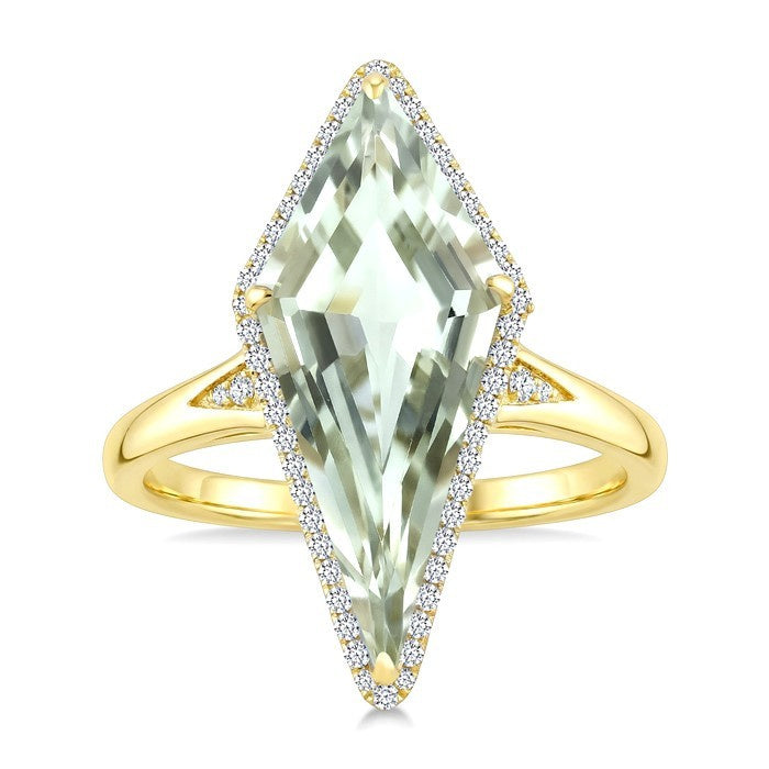 22X9 MM Evoque Gemstone Kite Shape Green Amethyst and 1/5 Ctw Round Cut Diamond Semi-Precious Ring in 14K Yellow Gold