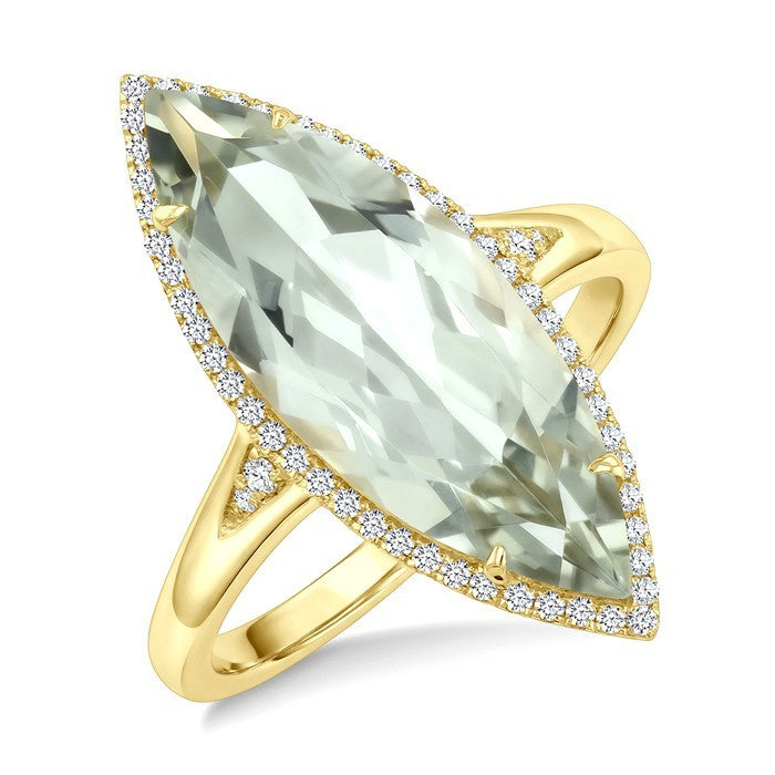 22X8 MM Evoque Gemstone Marquise Shape Green Amethyst and 1/5 Ctw Round Cut Diamond Semi-Precious Ring in 14K Yellow Gold