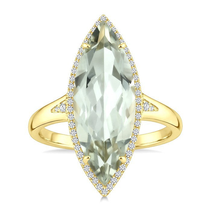 22X8 MM Evoque Gemstone Marquise Shape Green Amethyst and 1/5 Ctw Round Cut Diamond Semi-Precious Ring in 14K Yellow Gold