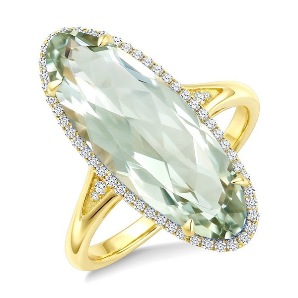 22X8 MM Evoque Gemstone Oval Shape Green Amethyst and 1/5 Ctw Round Cut Diamond Semi-Precious Ring in 14K Yellow Gold