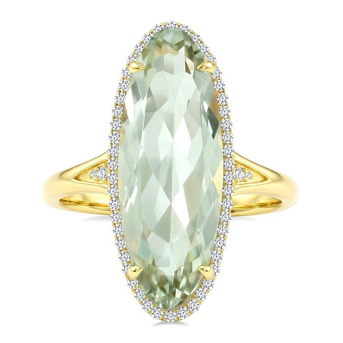 22X8 MM Evoque Gemstone Oval Shape Green Amethyst and 1/5 Ctw Round Cut Diamond Semi-Precious Ring in 14K Yellow Gold