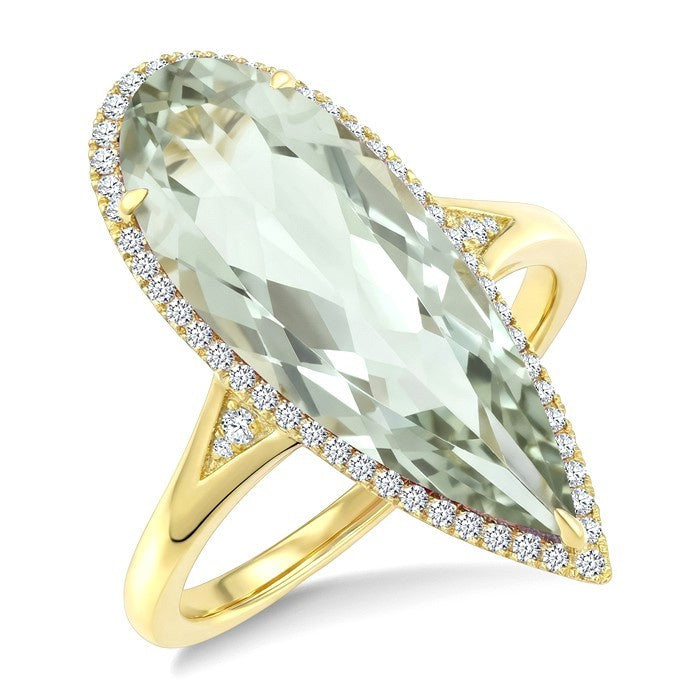 22X8 MM Evoque Gemstone Pear Shape Green Amethyst and 1/5 Ctw Round Cut Diamond Semi-Precious Ring in 14K Yellow Gold