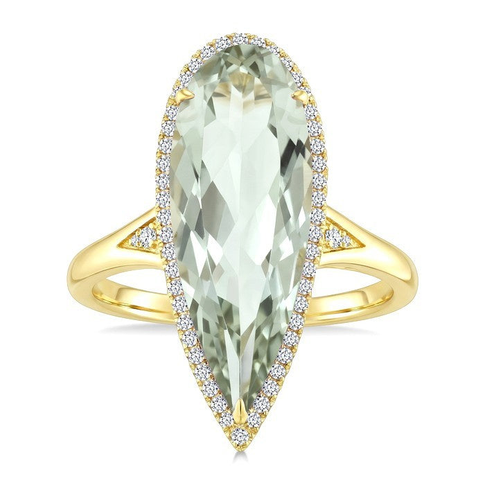 22X8 MM Evoque Gemstone Pear Shape Green Amethyst and 1/5 Ctw Round Cut Diamond Semi-Precious Ring in 14K Yellow Gold