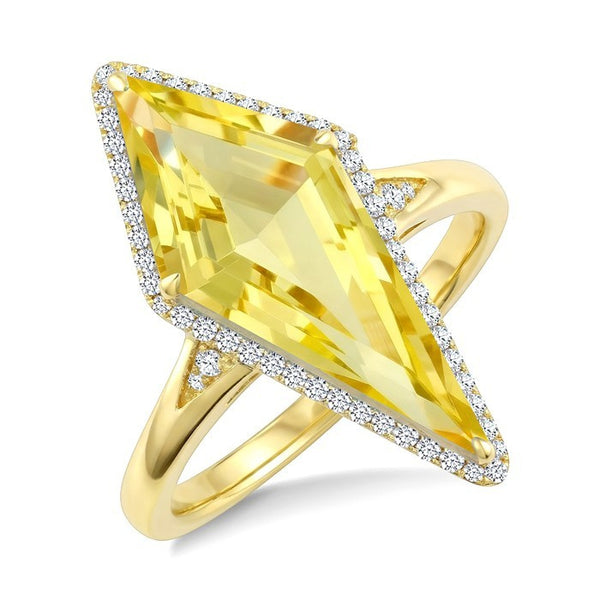 22X9 MM Evoque Gemstones Kite Shape Lemon Quartz and 1/5 Ctw Round Cut Diamond Semi-Precious Ring in 14K Yellow Gold