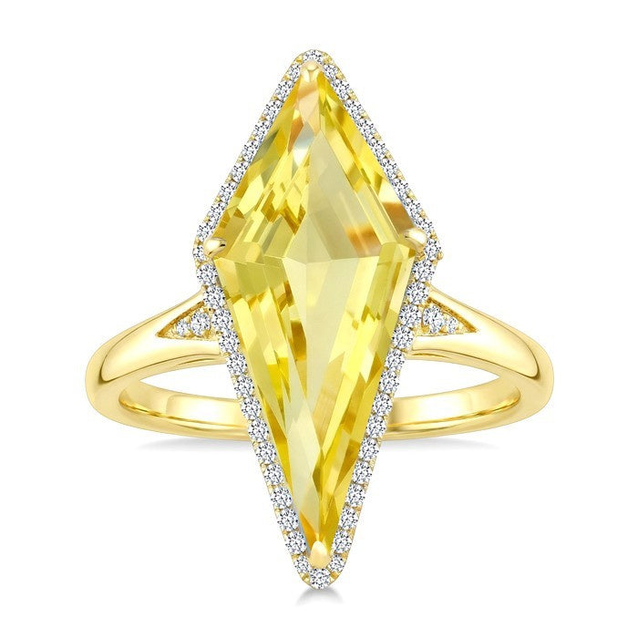 22X9 MM Evoque Gemstones Kite Shape Lemon Quartz and 1/5 Ctw Round Cut Diamond Semi-Precious Ring in 14K Yellow Gold