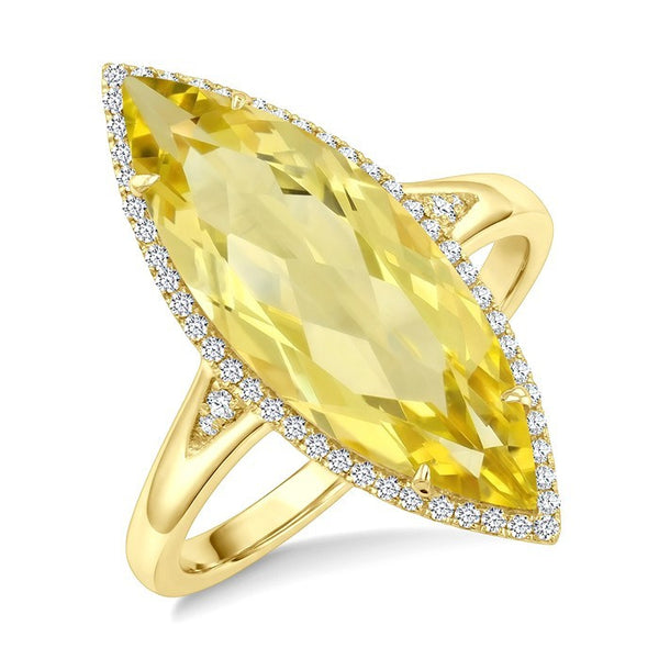 22X8 MM Evoque Gemstones Marquise Shape Lemon Quartz and 1/5 Ctw Round Cut Diamond Semi-Precious Ring in 14K Yellow Gold