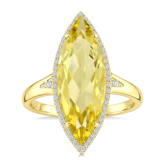 22X8 MM Evoque Gemstones Marquise Shape Lemon Quartz and 1/5 Ctw Round Cut Diamond Semi-Precious Ring in 14K Yellow Gold