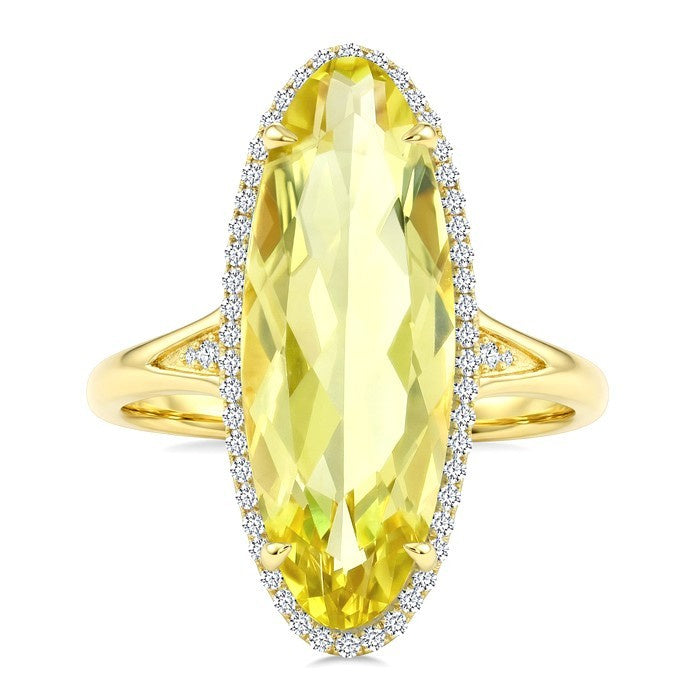 22X8 MM Evoque Gemstones Oval Shape Lemon Quartz and 1/5 Ctw Round Cut Diamond Semi-Precious Ring in 14K Yellow Gold