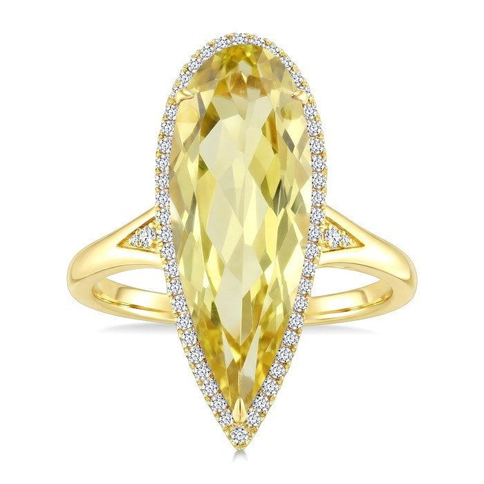 22X8 MM Evoque Gemstones Pear Shape Lemon Quartz and 1/5 Ctw Round Cut Diamond Semi-Precious Ring in 14K Yellow Gold