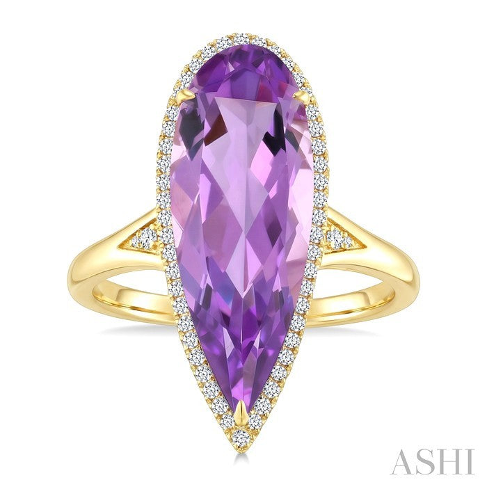 22X8 MM Evoque Gemstones Pear Shape Amethyst and 1/5 Ctw Round Cut Diamond Semi-Precious Ring in 14K Yellow Gold