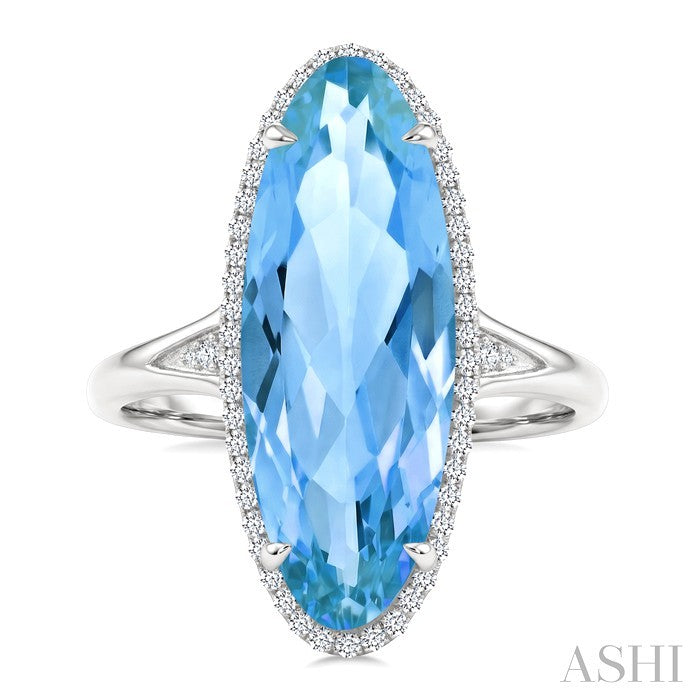 22X8 MM Evoque Gemstones Oval Shape Blue Topaz and 1/5 Ctw Round Cut Diamond Semi-Precious Ring in 14K White Gold