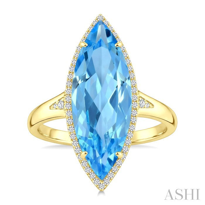 22X8 MM Evoque Gemstones Marquise Shape Blue Topaz and 1/5 Ctw Round Cut Diamond Semi-Precious Ring in 14K Yellow Gold