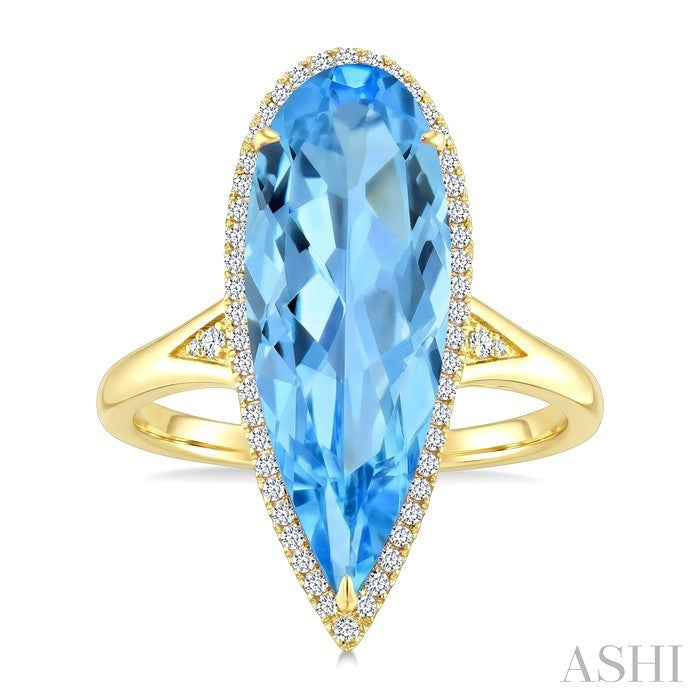 22X8 MM Evoque Gemstones Pear Shape Blue Topaz and 1/5 Ctw Round Cut Diamond Semi-Precious Ring in 14K Yellow Gold