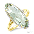 22X8 MM Evoque Gemstone Oval Shape Green Amethyst and 1/5 Ctw Round Cut Diamond Semi-Precious Ring in 14K Yellow Gold