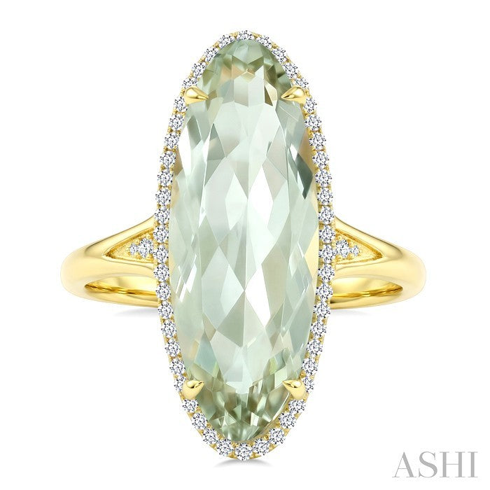 22X8 MM Evoque Gemstone Oval Shape Green Amethyst and 1/5 Ctw Round Cut Diamond Semi-Precious Ring in 14K Yellow Gold