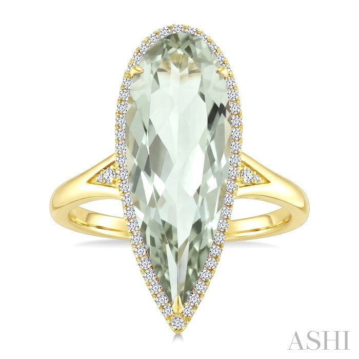 22X8 MM Evoque Gemstone Pear Shape Green Amethyst and 1/5 Ctw Round Cut Diamond Semi-Precious Ring in 14K Yellow Gold