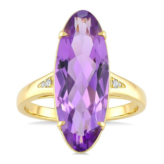 22X8 MM Evoque Gemstones Oval Shape Amethyst and 1/50 Ctw Round Cut Diamond Semi-Precious Ring in 14K Yellow Gold