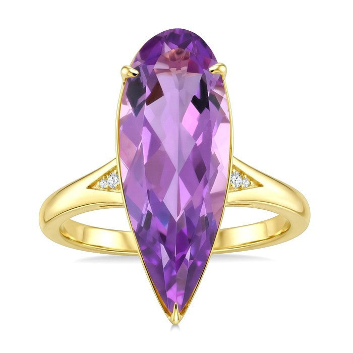 22X8 MM Evoque Gemstones Pear Shape Amethyst and 1/50 Ctw Round Cut Diamond Semi-Precious Ring in 14K Yellow Gold