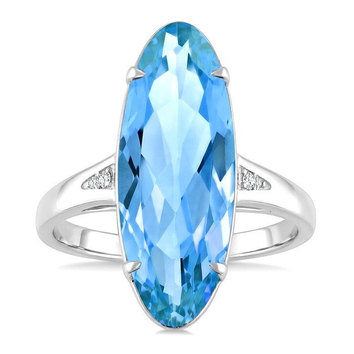 22X8 MM Evoque Gemstones Oval Shape Blue Topaz and 1/50 Ctw Round Cut Diamond Semi-Precious Ring in 14K White Gold