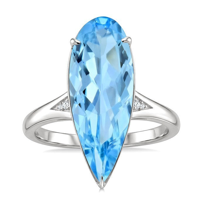 22X8 MM Evoque Gemstones Pear Shape Blue Topaz and 1/50 Ctw Round Cut Diamond Semi-Precious Ring in 14K White Gold