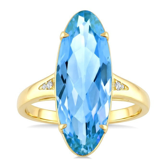 22X8 MM Evoque Gemstones Oval Shape Blue Topaz and 1/50 Ctw Round Cut Diamond Semi-Precious Ring in 14K Yellow Gold