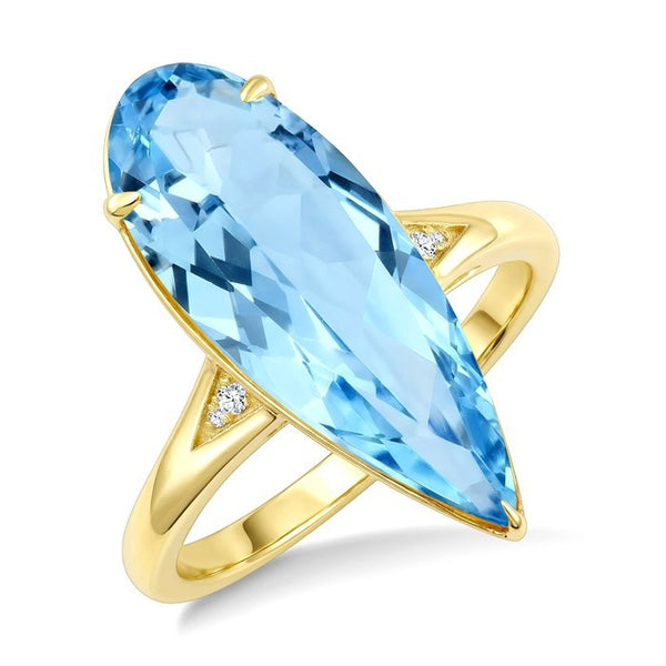 22X8 MM Evoque Gemstones Pear Shape Blue Topaz and 1/50 Ctw Round Cut Diamond Semi-Precious Ring in 14K Yellow Gold
