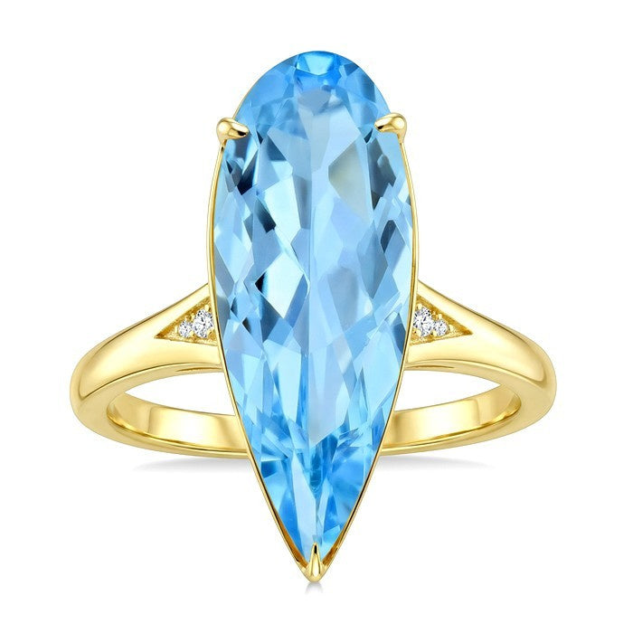 22X8 MM Evoque Gemstones Pear Shape Blue Topaz and 1/50 Ctw Round Cut Diamond Semi-Precious Ring in 14K Yellow Gold