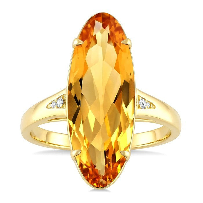 22X8 MM Evoque Gemstone Oval Shape Citrine and 1/50 Ctw Round Cut Diamond Semi-Precious Ring in 14K Yellow Gold