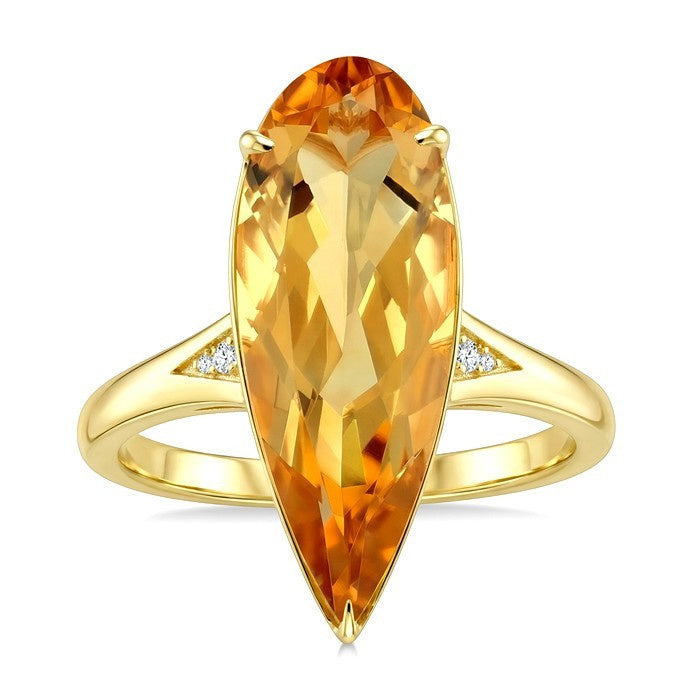 22X8 MM Evoque Gemstone Pear Shape Citrine and 1/50 Ctw Round Cut Diamond Semi-Precious Ring in 14K Yellow Gold
