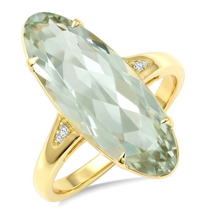 22X8 MM Evoque Gemstone Oval Shape Green Amethyst and 1/50 Ctw Round Cut Diamond Semi-Precious Ring in 14K Yellow Gold