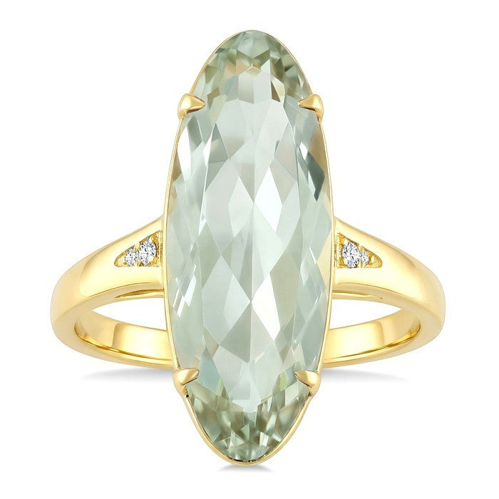 22X8 MM Evoque Gemstone Oval Shape Green Amethyst and 1/50 Ctw Round Cut Diamond Semi-Precious Ring in 14K Yellow Gold