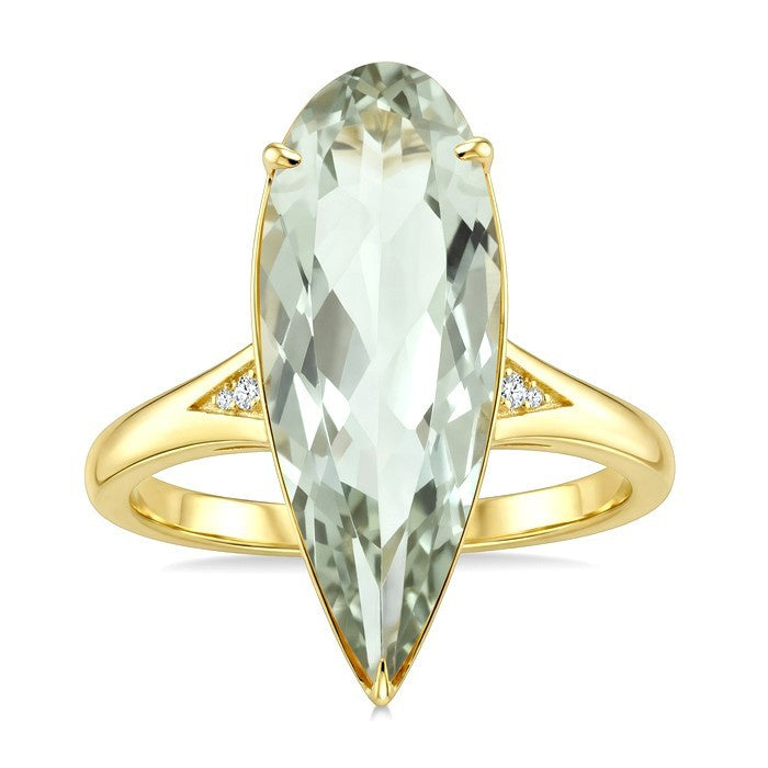 22X8 MM Evoque Gemstone Pear Shape Green Amethyst and 1/50 Ctw Round Cut Diamond Semi-Precious Ring in 14K Yellow Gold