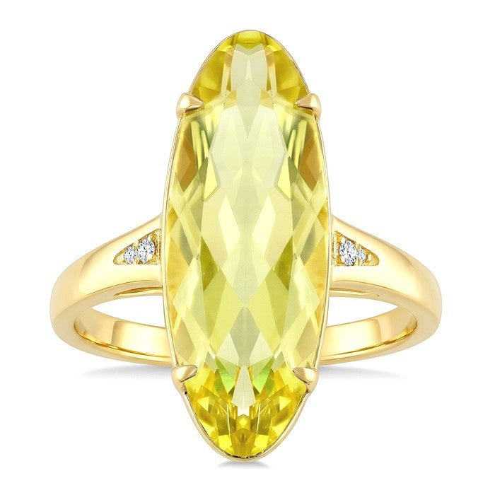 22X8 MM Evoque Gemstones Oval Shape Lemon Quartz and 1/50 Ctw Round Cut Diamond Semi-Precious Ring in 14K Yellow Gold