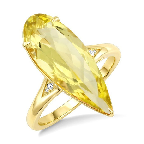 22X8 MM Evoque Gemstones Pear Shape Lemon Quartz and 1/50 Ctw Round Cut Diamond Semi-Precious Ring in 14K Yellow Gold