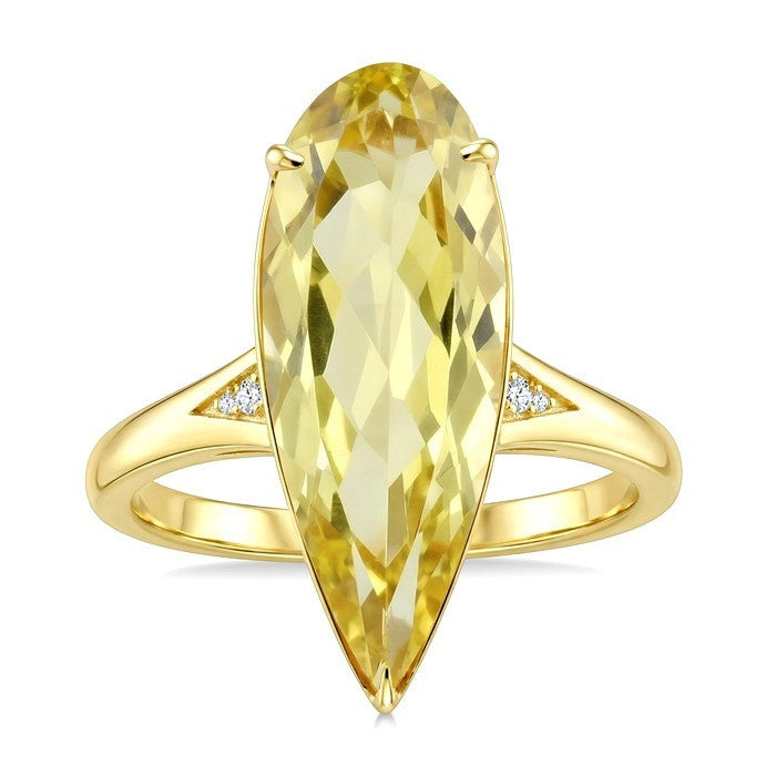 22X8 MM Evoque Gemstones Pear Shape Lemon Quartz and 1/50 Ctw Round Cut Diamond Semi-Precious Ring in 14K Yellow Gold
