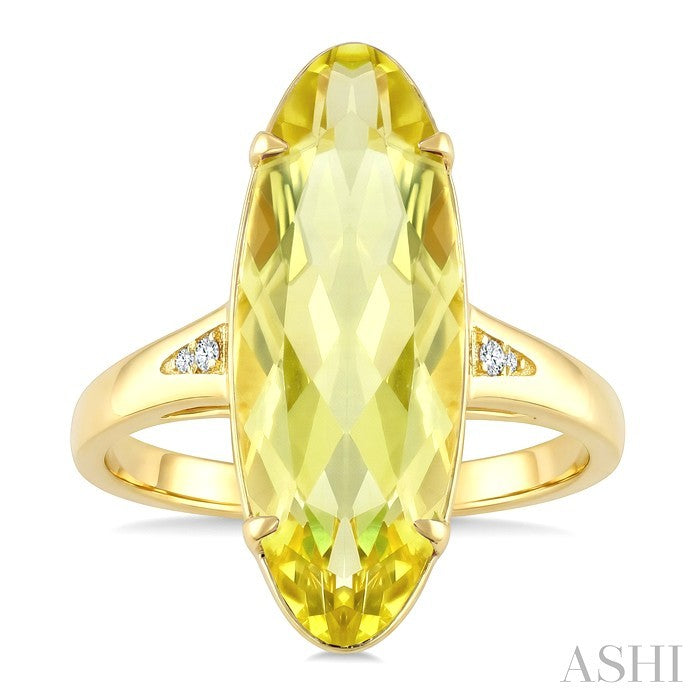 22X8 MM Evoque Gemstones Oval Shape Lemon Quartz and 1/50 Ctw Round Cut Diamond Semi-Precious Ring in 14K Yellow Gold