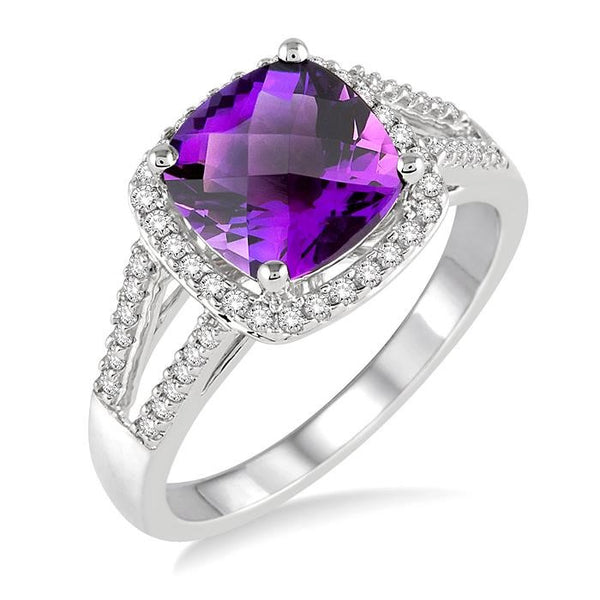 8x8 MM Cushion Shape Amethyst and 1/4 Ctw Round cut Diamond Ring in 10K White Gold