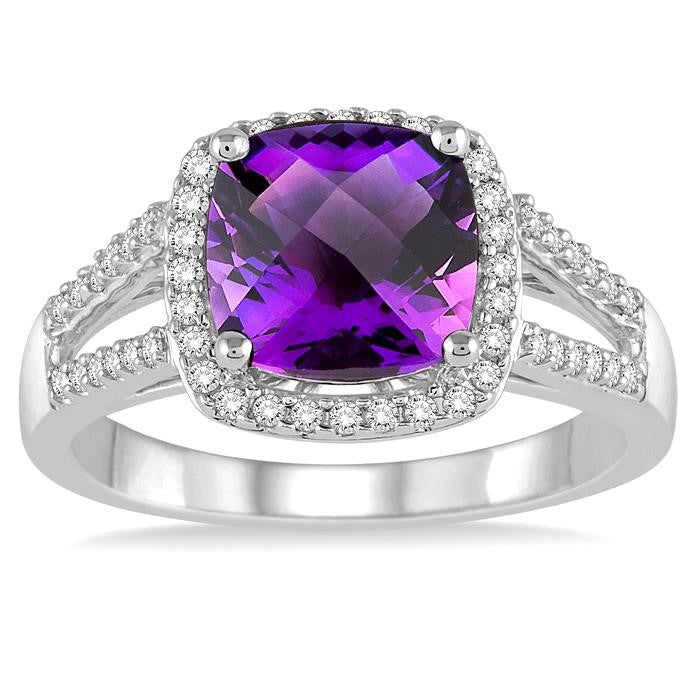 8x8 MM Cushion Shape Amethyst and 1/4 Ctw Round cut Diamond Ring in 10K White Gold