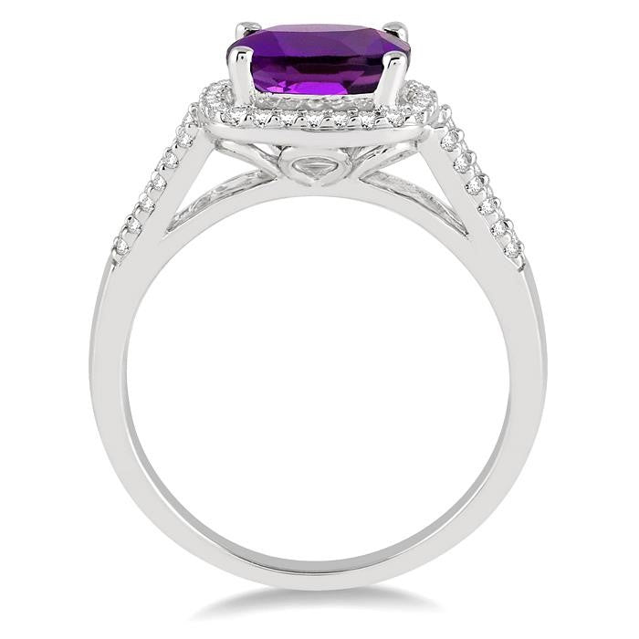 8x8 MM Cushion Shape Amethyst and 1/4 Ctw Round cut Diamond Ring in 10K White Gold