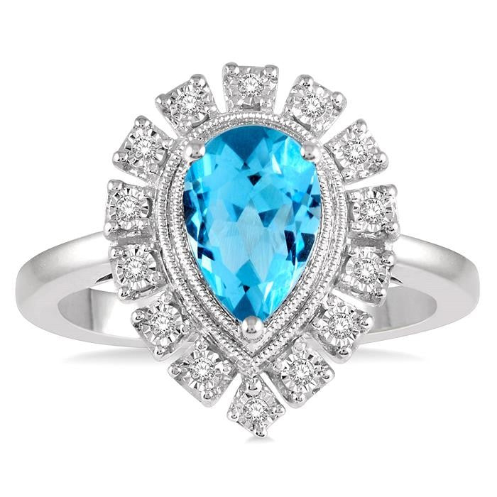 9x6 MM Pear Shape Blue Topaz and 1/10 Ctw Lattice Round Cut Diamond Semi-Precious Ring in 10K White Gold